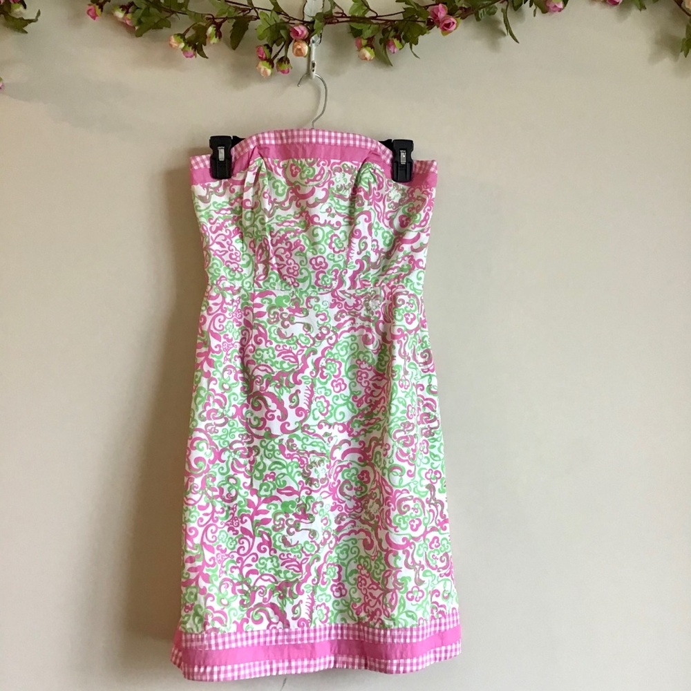 Lilly Pulitzer pink &green printed strapless dress - Picture 7 of 12